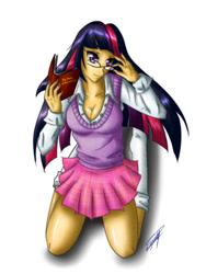 Size: 1050x1400 | Tagged: safe, artist:magy-san, twilight sparkle, human, book, cleavage, clothes, female, glasses, humanized, kneeling, skirt, socks, solo