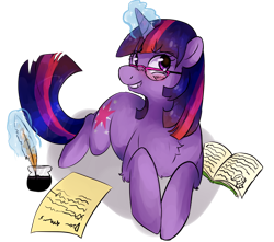 Size: 700x618 | Tagged: safe, artist:arinova, twilight sparkle, pony, unicorn, book, chest fluff, female, glasses, grin, mare, prone, quill, smiling