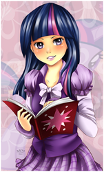 Size: 330x545 | Tagged: safe, artist:nataliadsw, twilight sparkle, human, abstract background, book, clothes, female, humanized, skirt, solo