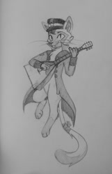 Size: 696x1080 | Tagged: safe, artist:amy-gamy, derpibooru import, capper dapperpaws, anthro, cat, balalaika, clothes, coat, cute, gray background, grayscale, hat, monochrome, pencil drawing, russian, simple background, smiling, solo, soviet, traditional art