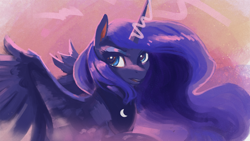 Size: 1920x1080 | Tagged: safe, artist:hierozaki, princess luna, alicorn, pony, female, glowing horn, looking at you, magic, mare, open mouth, solo