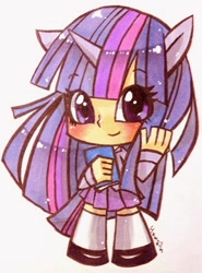 Size: 316x426 | Tagged: safe, artist:howzih, twilight sparkle, human, blushing, book, clothes, horn, horned humanization, humanized, looking at you, skirt, solo, traditional art