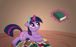 Size: 1280x800 | Tagged: safe, artist:anders-art, twilight sparkle, unicorn twilight, pony, unicorn, book, female, glowing horn, golden oaks library, horn, levitation, magic, mare, pile of books, quill, smiling, solo