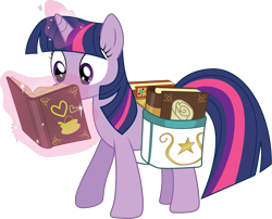 Size: 4000x3232 | Tagged: safe, artist:joey, twilight sparkle, unicorn twilight, pony, unicorn, book, female, magic, mare, reading, saddle bag, scroll, simple background, transparent background, vector