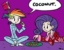 Size: 512x395 | Tagged: safe, artist:megasweet, artist:snaperkids, derpibooru import, rainbow dash, rarity, human, alternate hairstyle, book, clothes, duo, duo female, eating, female, humanized, pajamas, prone, sitting, skinny