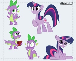 Size: 712x575 | Tagged: safe, artist:astalakio, spike, twilight sparkle, dragon, pony, unicorn, book, duo, female, male, mare, raised hoof, sitting