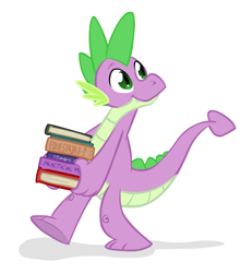 Size: 600x650 | Tagged: safe, artist:naroclie, spike, dragon, book, looking back, male, older, older spike, simple background, smiling, solo, teenage spike, white background