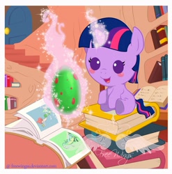 Size: 800x809 | Tagged: safe, artist:freewingss, twilight sparkle, pony, unicorn, baby, baby pony, babylight sparkle, book, cute, egg, female, filly, foal, magic, sitting, solo