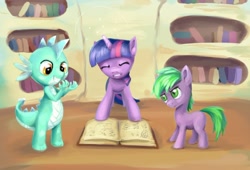 Size: 800x543 | Tagged: safe, artist:vapgames, lyra heartstrings, spike, twilight sparkle, dragon, book, dragonified, golden oaks library, library, ponified, ponified spike, species swap