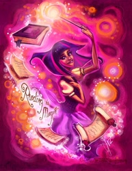 Size: 695x900 | Tagged: safe, artist:spookychan, twilight sparkle, human, book, clothes, female, humanized, magic, scroll, skirt, solo, wand