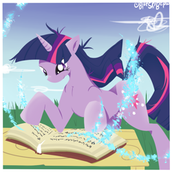 Size: 900x900 | Tagged: safe, artist:blueskybelow, twilight sparkle, book, reading, solo