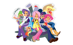 Size: 1600x1000 | Tagged: safe, artist:bennosuke, derpibooru import, applejack, fluttershy, pinkie pie, rainbow dash, rarity, spike, twilight sparkle, apple, book, camera, food, glasses, hat, humanized, mane six, one eye closed, onomatopoeia, pixiv, simple background, sitting, transparent background, upside down, wink