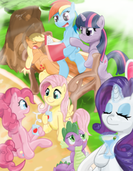 Size: 600x773 | Tagged: safe, artist:xnosidex, derpibooru import, applejack, fluttershy, pinkie pie, rainbow dash, rarity, spike, twilight sparkle, dragon, earth pony, pegasus, pony, unicorn, book, juice box, mane seven, mane six, martini, resting, sleeping