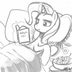 Size: 850x850 | Tagged: safe, artist:johnjoseco, trixie, bed, book, grayscale, monochrome, reading