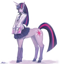 Size: 1000x1071 | Tagged: safe, artist:kazeco, twilight sparkle, centaur, ponytaur, blouse, book, button-up shirt, centaur twilight, clothes, necktie, pixiv, realistic horse legs, skirt, socks