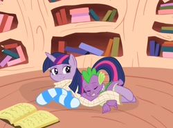 Size: 2074x1533 | Tagged: safe, artist:slipsketch, spike, twilight sparkle, dragon, blanket, book, clothes, mama twilight, sleeping, snuggling, socks