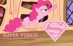 Size: 1100x700 | Tagged: safe, derpibooru import, pinkie pie, earth pony, pony, book, book cover, golden oaks library, superman