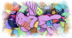 Size: 1219x650 | Tagged: safe, artist:flufflelord, alicorn, pony, fallout equestria, adorkable, book, bookhorse, cute, dork, eyes closed, female, fluffy, mare, on back, solo, spread wings, that pony sure does love books