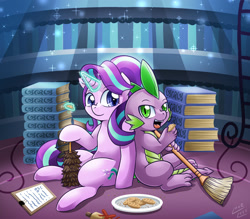 Size: 2000x1752 | Tagged: safe, artist:vavacung, spike, starlight glimmer, dragon, pony, unicorn, book, broom, cookie, duster, female, food, looking at you, magic, male, mare, open mouth, smiling