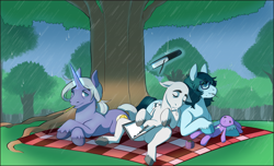 Size: 2676x1632 | Tagged: safe, artist:cosmicminerals, oc, oc only, earth pony, pony, unicorn, bald, beauty mark, book, bookmark, colored, doll, drool, field, magic, notebook, pen, pencil, picnic, picnic blanket, plush bunny, plushie, rain, sewing, sewing needle, sleeping, telekinesis, toy, tree