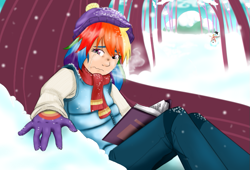 Size: 779x530 | Tagged: safe, artist:gamblingfoxinahat, derpibooru import, rainbow dash, human, book, clothes, crying, gloves, humanized, scarf, snow, snowfall, solo, tree, window