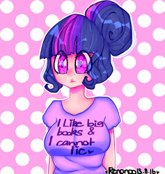 Size: 2847x3000 | Tagged: safe, artist:bunxl, twilight sparkle, human, big breasts, book, breasts, clothes, female, humanized, solo, t-shirt, that pony sure does love books