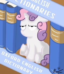 Size: 1300x1500 | Tagged: safe, artist:nexivian, sweetie belle, book, bookshelf, dictionary, dictionary belle, lidded eyes, oxford dictionary, sitting, solo, sweetie belle is not amused