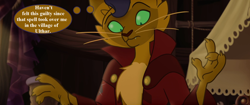 Size: 1920x804 | Tagged: safe, derpibooru import, edit, edited screencap, screencap, capper dapperpaws, abyssinian, anthro, my little pony: the movie, clothes, coat, implied murder, lovecraft, male, solo, the cats of ulthar, thought bubble