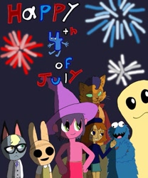 Size: 815x981 | Tagged: safe, derpibooru import, capper dapperpaws, my little pony: the movie, 4th of july, animal crossing, animal crossing: new horizons, battle for bfdi, battle for dream island, clancy, cookie monster, crossover, four (bfb), gloop, holiday, questionette, raymand (animal crossing), sesame street, smile for me, the herculoids, the midnight gospel