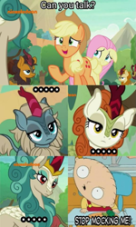 Size: 575x960 | Tagged: safe, derpibooru import, edit, edited screencap, screencap, applejack, autumn blaze, fluttershy, rain shine, earth pony, kirin, pegasus, pony, sounds of silence, spoiler:s08, family guy, stewie griffin