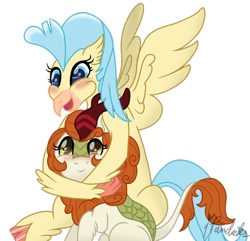 Size: 1280x1234 | Tagged: safe, artist:ipandacakes, autumn blaze, princess skystar, classical hippogriff, hippogriff, kirin, my little pony: the movie, sounds of silence, spoiler:s08, autumnstar, crack shipping, hug, shipping, simple background, transparent background