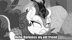 Size: 1920x1080 | Tagged: safe, edit, edited screencap, screencap, autumn blaze, kirin, sounds of silence, hello darkness my old friend, image macro, meme, monochrome, simon and garfunkel, song reference, the sound of silence, title joke