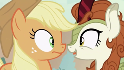 Size: 1334x750 | Tagged: safe, derpibooru import, screencap, applejack, autumn blaze, earth pony, kirin, pony, sounds of silence, duo, female, mare, nose to nose, nose wrinkle