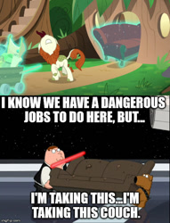 Size: 500x656 | Tagged: safe, autumn blaze, kirin, sounds of silence, brian griffin, chewbacca, family guy, han solo, imgflip, meme, peter griffin, sofa, star wars