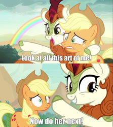 Size: 1280x1438 | Tagged: safe, derpibooru import, edit, edited screencap, screencap, applejack, autumn blaze, earth pony, kirin, pony, sounds of silence, spoiler:s08, comic, image macro, meme, screencap comic, text