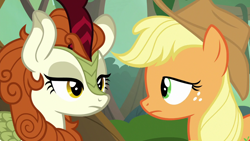 Size: 1280x720 | Tagged: safe, derpibooru import, screencap, applejack, autumn blaze, earth pony, kirin, pony, sounds of silence, duo, female, lidded eyes, mare