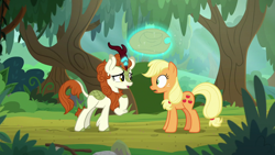 Size: 1280x720 | Tagged: safe, derpibooru import, screencap, applejack, autumn blaze, earth pony, kirin, pony, sounds of silence, applejack's hat, cowboy hat, duo, female, glowing horn, hat, magic, mare, telekinesis