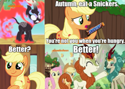 Size: 657x471 | Tagged: safe, derpibooru import, edit, edited screencap, screencap, applejack, autumn blaze, fluttershy, rain shine, earth pony, kirin, nirik, pegasus, pony, sounds of silence, exploitable meme, image macro, meme, snickers, text, you're not you when you're hungry