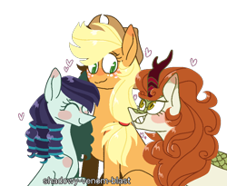 Size: 863x707 | Tagged: safe, artist:shadowy-venom-blast, derpibooru import, applejack, autumn blaze, coloratura, earth pony, kirin, pony, sounds of silence, applejack gets all the mares, autumnjack, blushing, female, heart, lesbian, mare, polyamory, rara, rarajack, shipping, simple background, transparent background, trio