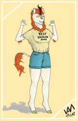 Size: 1750x2700 | Tagged: safe, artist:0-van-0, autumn blaze, anthro, kirin, unguligrade anthro, sounds of silence, best kirin, clothes, eyes closed, grin, pointing at self, shirt, short, shorts, smiling, solo