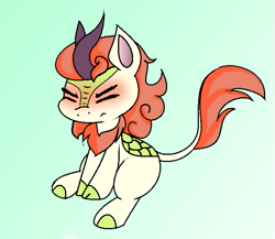 Size: 651x565 | Tagged: safe, artist:pencil bolt, autumn blaze, kirin, sounds of silence, angry, awwtumn blaze, blue background, cloven hooves, cute, eyes closed, female, grumpy, madorable, red face, simple background