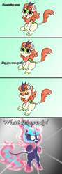 Size: 912x2560 | Tagged: safe, artist:pencil bolt, autumn blaze, kirin, nirik, sounds of silence, awwtumn blaze, burning, cloven hooves, cute, engrish, fire, leonine tail, scales, spoiler