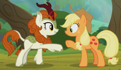 Size: 606x349 | Tagged: safe, derpibooru import, screencap, applejack, autumn blaze, earth pony, kirin, pony, sounds of silence, female, forest, mare