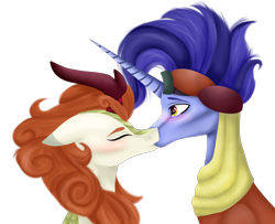 Size: 4686x3802 | Tagged: safe, artist:moonlight0shadow0, autumn blaze, hoo'far, kirin, pony, saddle arabian, unicorn, blushing, crack shipping, eyes closed, female, goggles, hoo'blaze, interspecies, kissing, male, mare, shipping, simple background, stallion, straight, transparent background