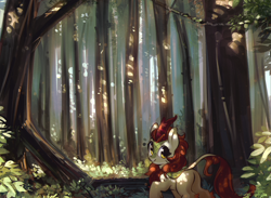 Size: 1401x1027 | Tagged: safe, artist:mirroredsea, autumn blaze, kirin, sounds of silence, female, forest, looking at you, looking back, looking back at you, plot, scenery, smiling, solo, summer, tree