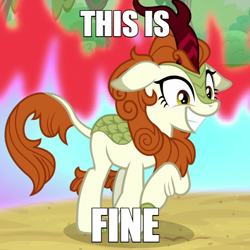 Size: 600x600 | Tagged: safe, edit, edited screencap, screencap, autumn blaze, kirin, sounds of silence, caption, cropped, female, fire, floppy ears, grin, meme, raised hoof, smiling, solo, this is fine, wide smile