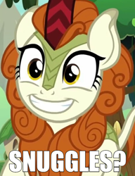 Size: 600x782 | Tagged: safe, edit, edited screencap, screencap, autumn blaze, kirin, sounds of silence, awwtumn blaze, bronybait, cute, female, happy, kirinbetes, meme, smiling, snuggles?, solo