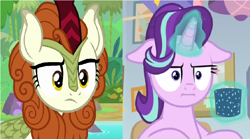 Size: 920x510 | Tagged: safe, edit, edited screencap, screencap, autumn blaze, starlight glimmer, kirin, pony, unicorn, marks for effort, sounds of silence, comparison, empathy cocoa, glowing horn, i mean i see