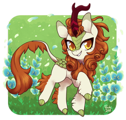 Size: 942x900 | Tagged: safe, artist:paichi-art, autumn blaze, kirin, sounds of silence, awwtumn blaze, cloven hooves, colored hooves, colored pupils, cute, female, flower, foal's breath, leg fluff, smiling, solo