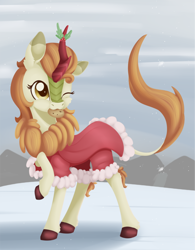 Size: 944x1210 | Tagged: safe, artist:dusthiel, autumn blaze, kirin, sounds of silence, awwtumn blaze, clothes, cookie, cute, female, food, mouth hold, quadrupedal, snow, solo